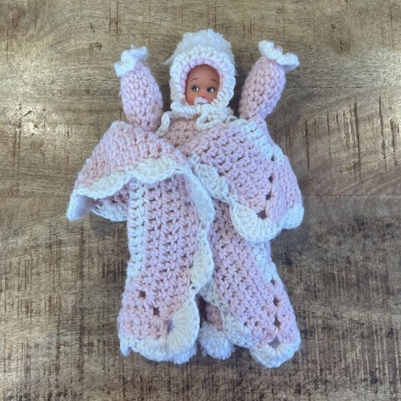 Vintage Crocheted Baby Doll In Blanket Pink and White Rubber Face Hands - Picture 6 of 7